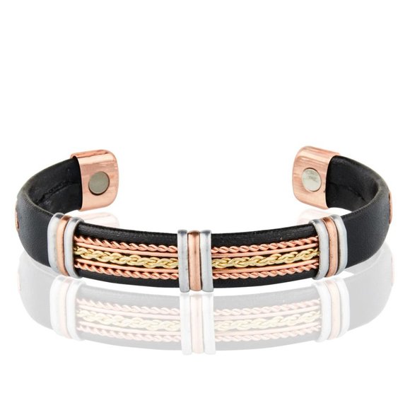 Solid Copper Leatherette Magnetic Bracelet Arthritis Pain Therapy Cuff Bangle - Picture 2 of 2